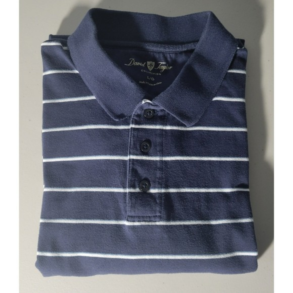 David Taylor Collection Mens Large Golf Polo Shirt Blue w/White Stripe Pre-Owned